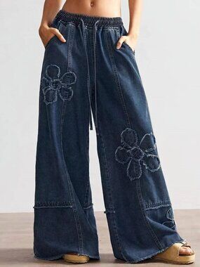 ROS - 100 Blue Frayed Flower Patch Wide Leg Drawstring Jeans - BOHO